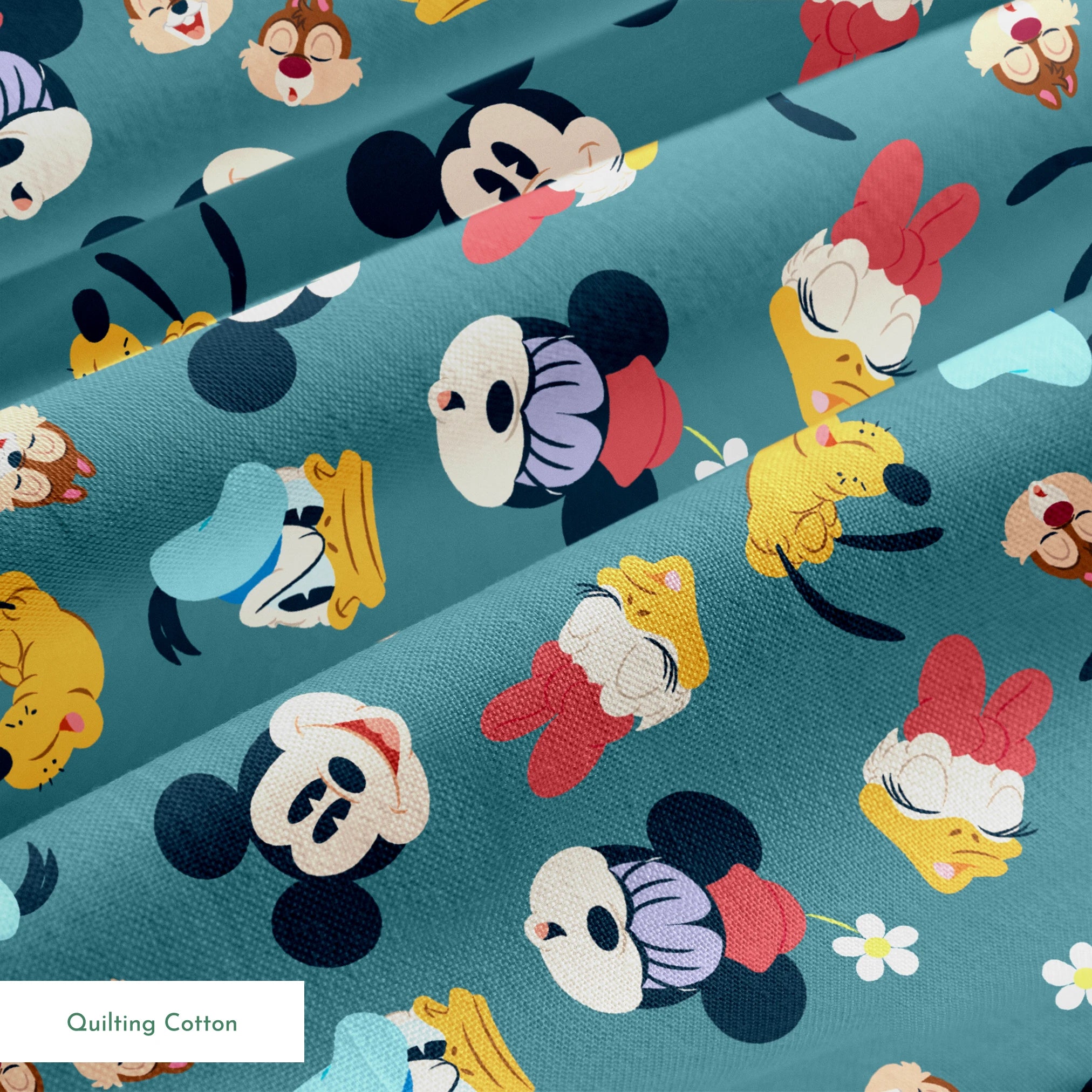 Disney cartoon characters pattern with Mickey Mouse, Donald Duck, and Pluto on teal background with small flowers springs quiltingcotton texture