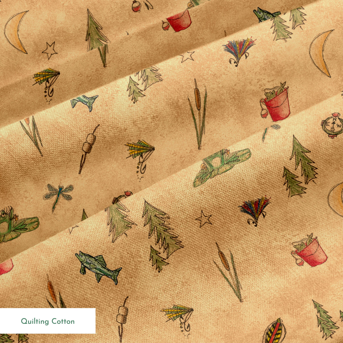 Outdoor camping pattern with tents, trees, lanterns, and nature elements on beige background springs quiltingcotton texture
