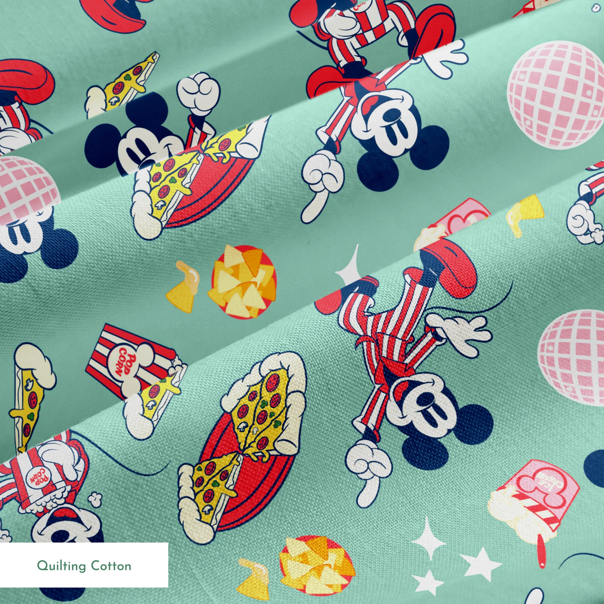 Mickey Mouse in red striped outfits with disco balls, pizza, popcorn, and snacks on mint green background. springs quiltingcotton texture
