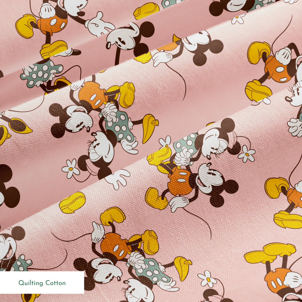 Mickey and Minnie Mouse characters in vintage style on pink background with repeated pattern springs quiltingcotton texture