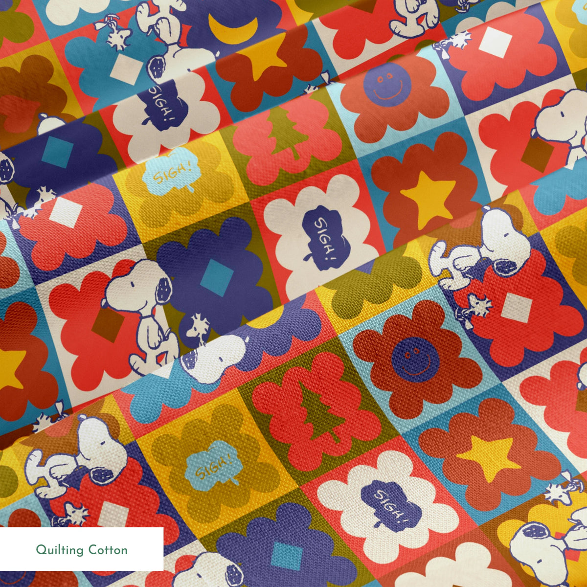 Colorful patchwork pattern featuring Snoopy characters in various squares with flowers, geometric shapes, and decorative elements springs quiltingcotton texture