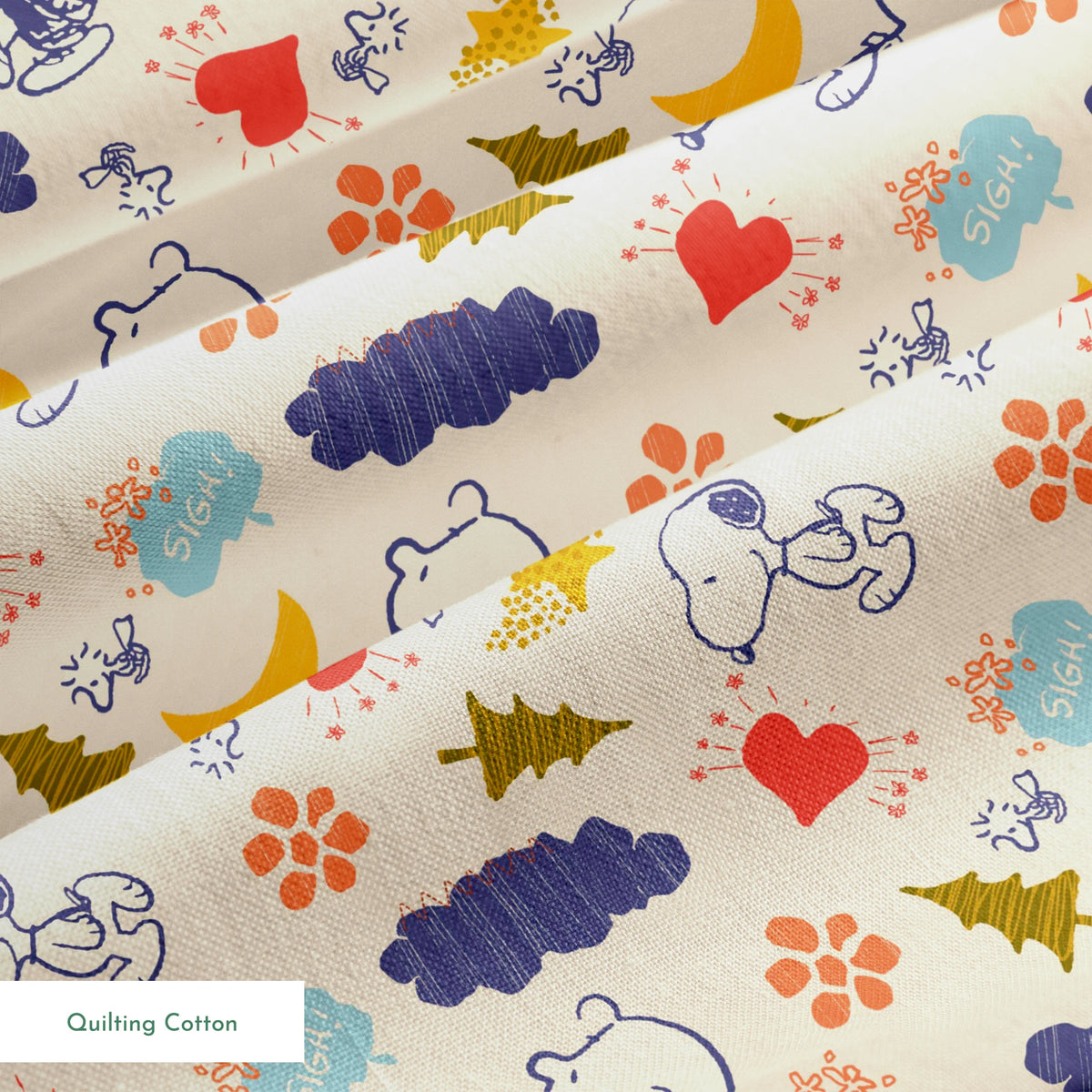 Whimsical Peanuts pattern with trees, clouds, moon, and birds in blue, red, green, and yellow on cream background. springs quiltingcotton texture