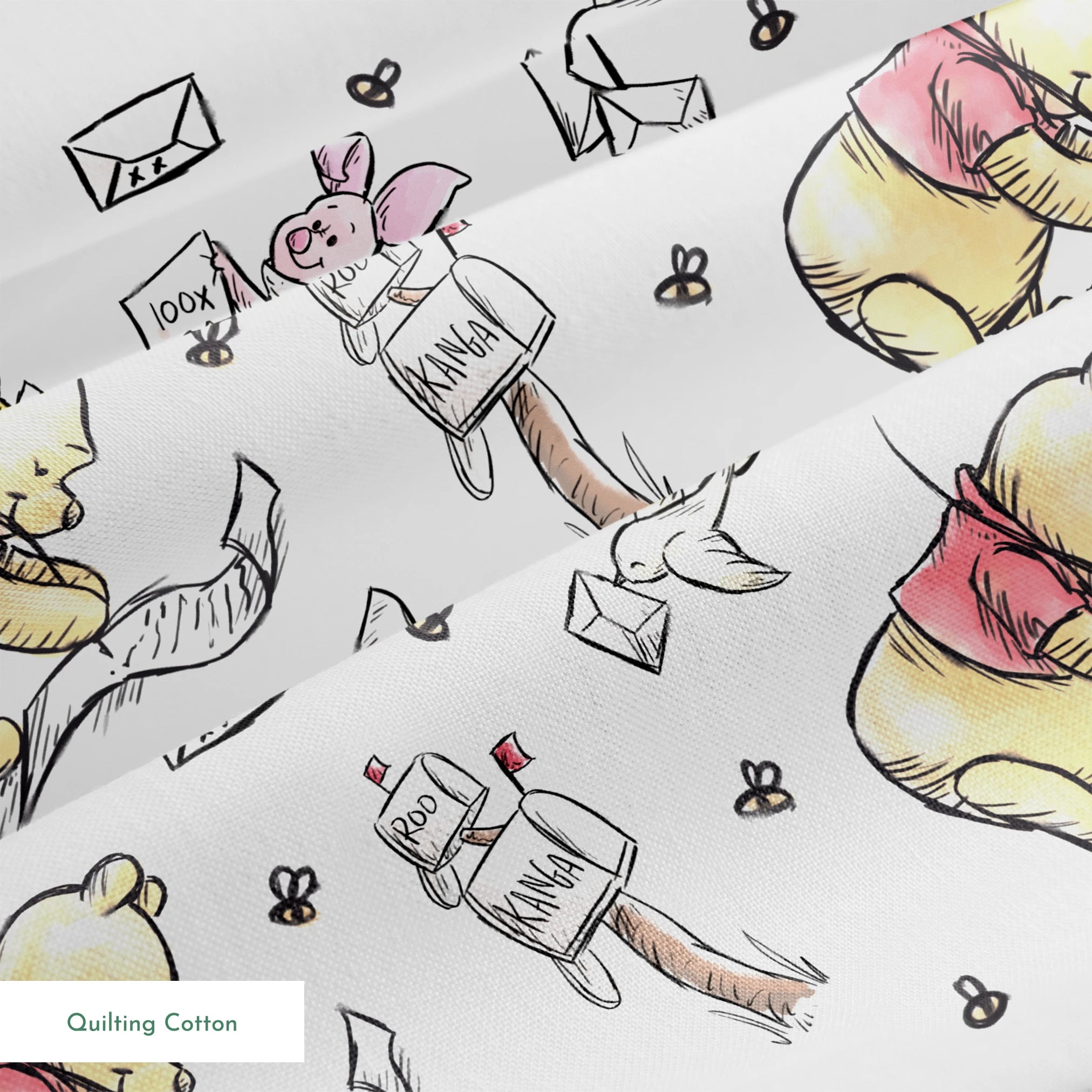Winnie the Pooh characters with flying letters and envelopes on white background, whimsical illustration style springs quiltingcotton texture