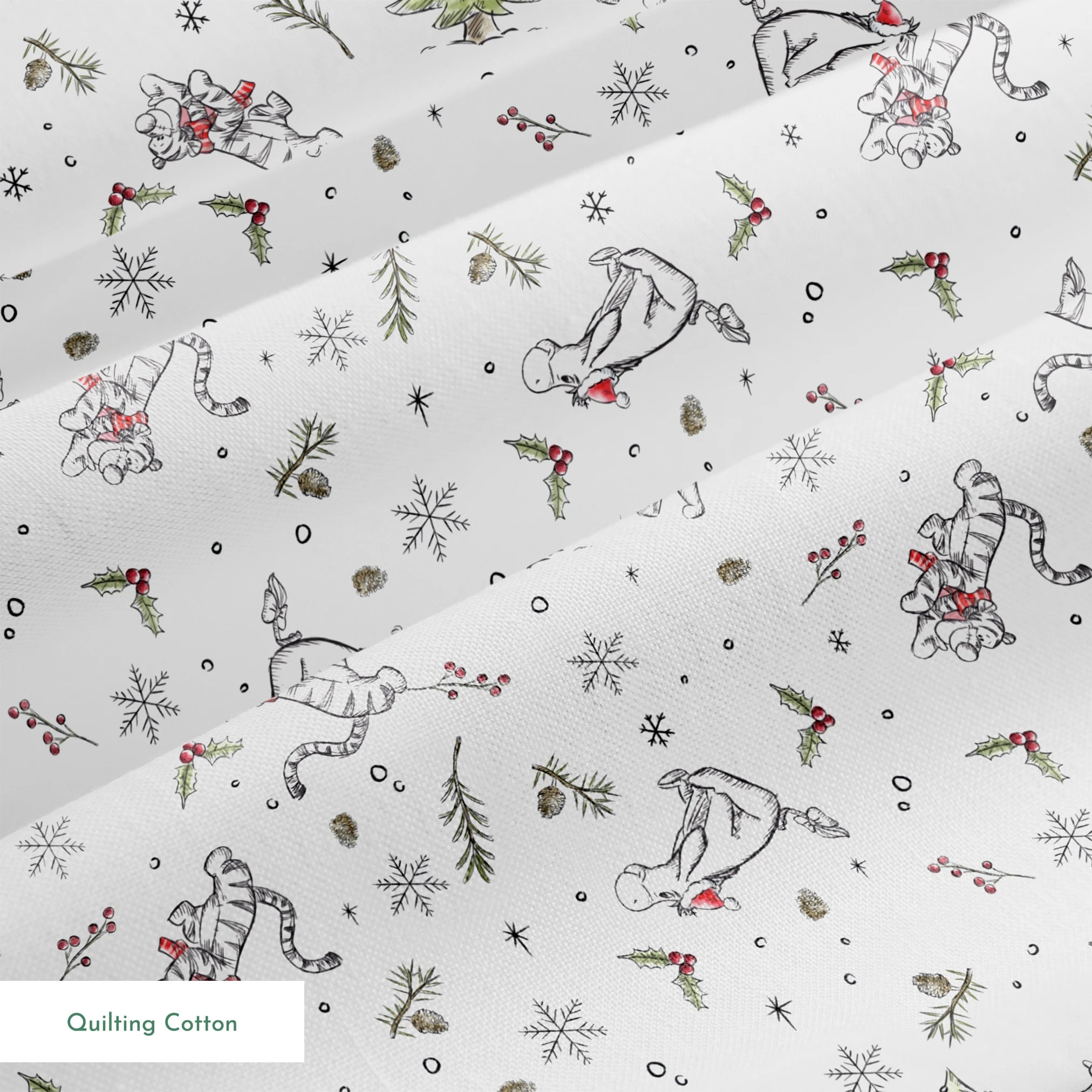 Delicate white winter pattern with cartoon mice, pine trees, holly berries, and snowflakes springs quiltingcotton texture