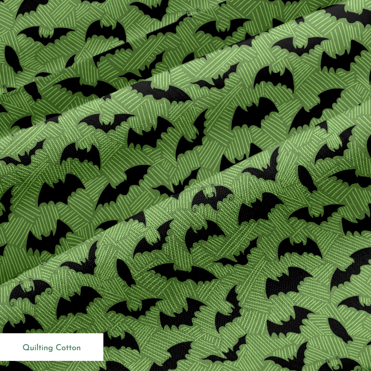 Black bat silhouettes scattered across a green textured background with zigzag pattern springs quiltingcotton texture