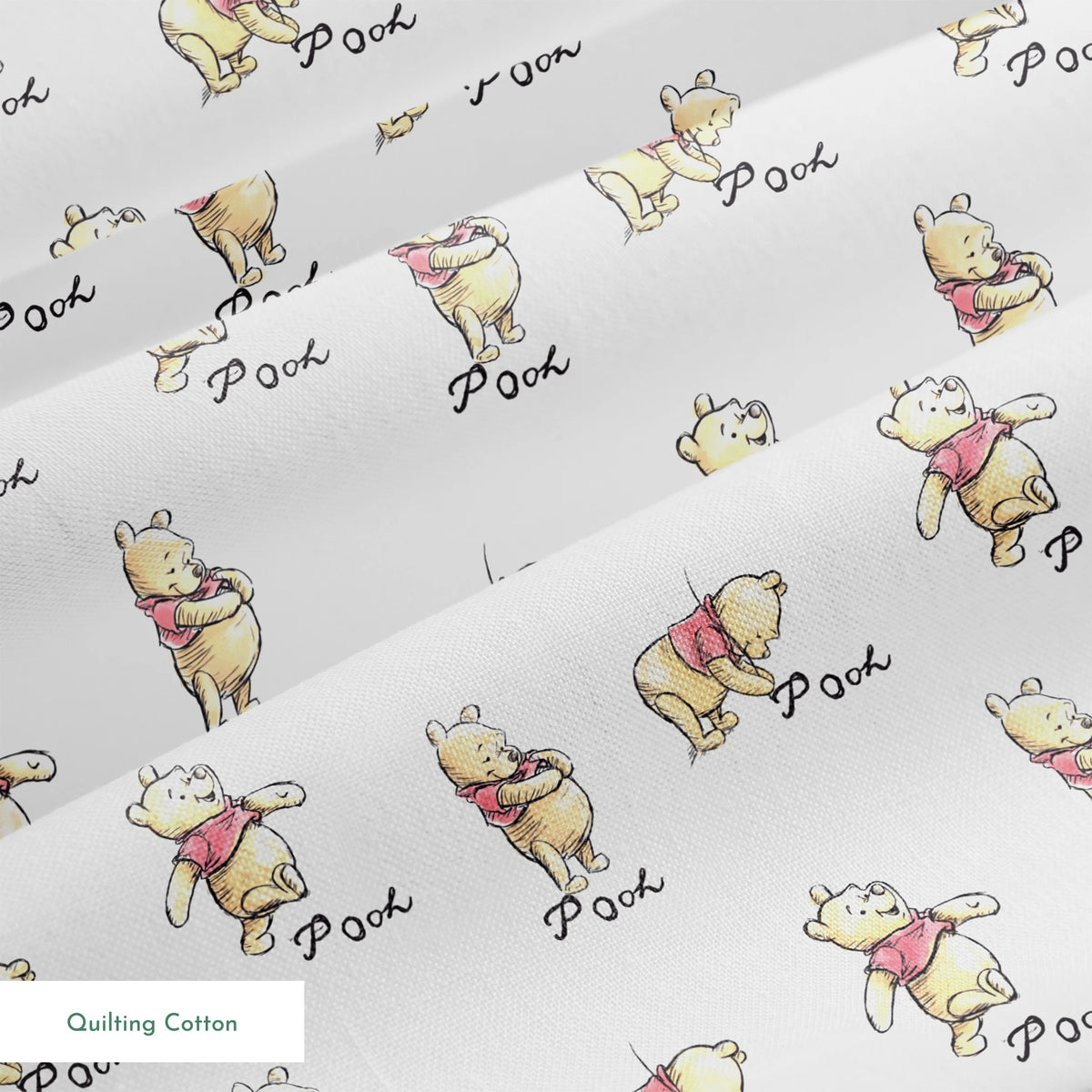Winnie the Pooh pattern featuring cute yellow bears with red shirts in various poses, labeled "Pooh springs quiltingcotton texture