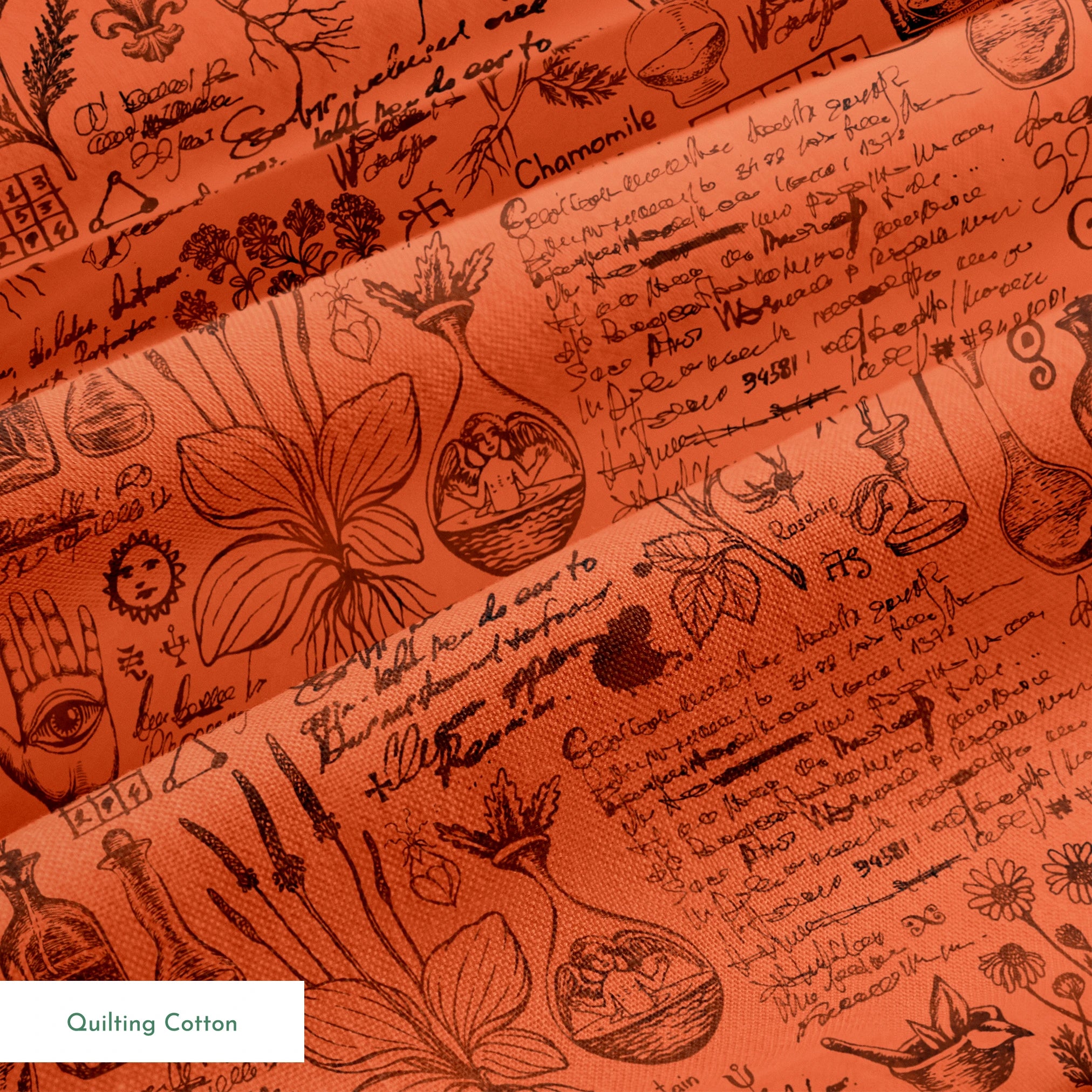 Red-orange Halloween background with vintage alchemical drawings, botanical sketches, symbols, handwritten notes, and mystical elements arranged like an ancient manuscript page. springs quiltingcotton texture