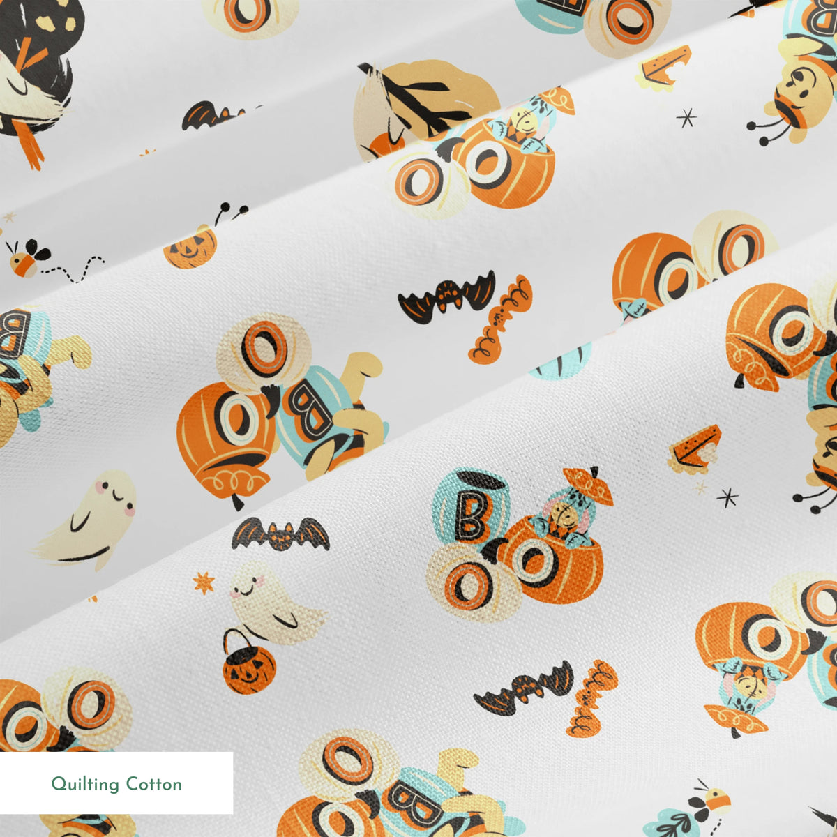 Halloween-themed pattern with Winnie the Pooh characters, pumpkins, and autumn motifs in orange, teal and black on white background. springs quiltingcotton texture