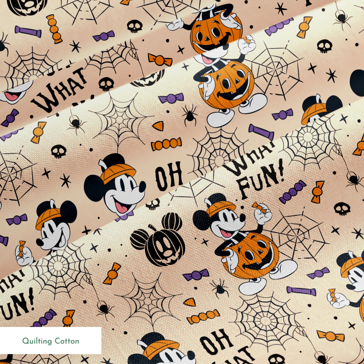 Halloween Mickey Mouse pattern with "OH WHAT FUN!" text, pumpkins, spiderwebs, and candy on beige background springs quiltingcotton texture