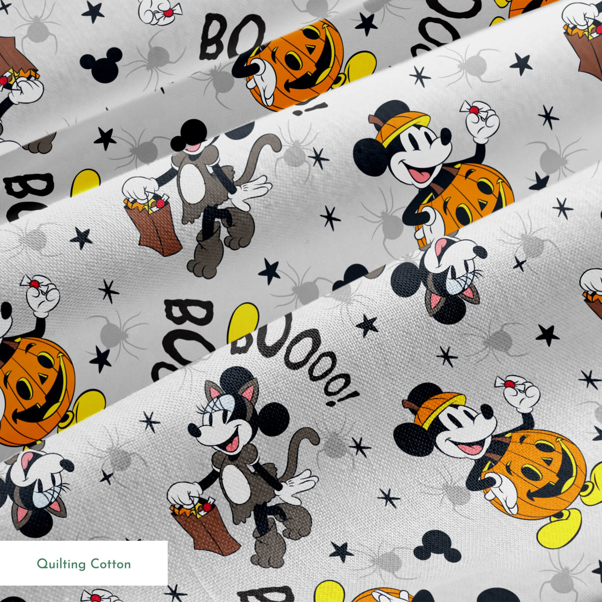 Mickey Mouse Halloween pattern with pumpkins, spiders, bats, "BOO!" text on gray background springs quiltingcotton texture