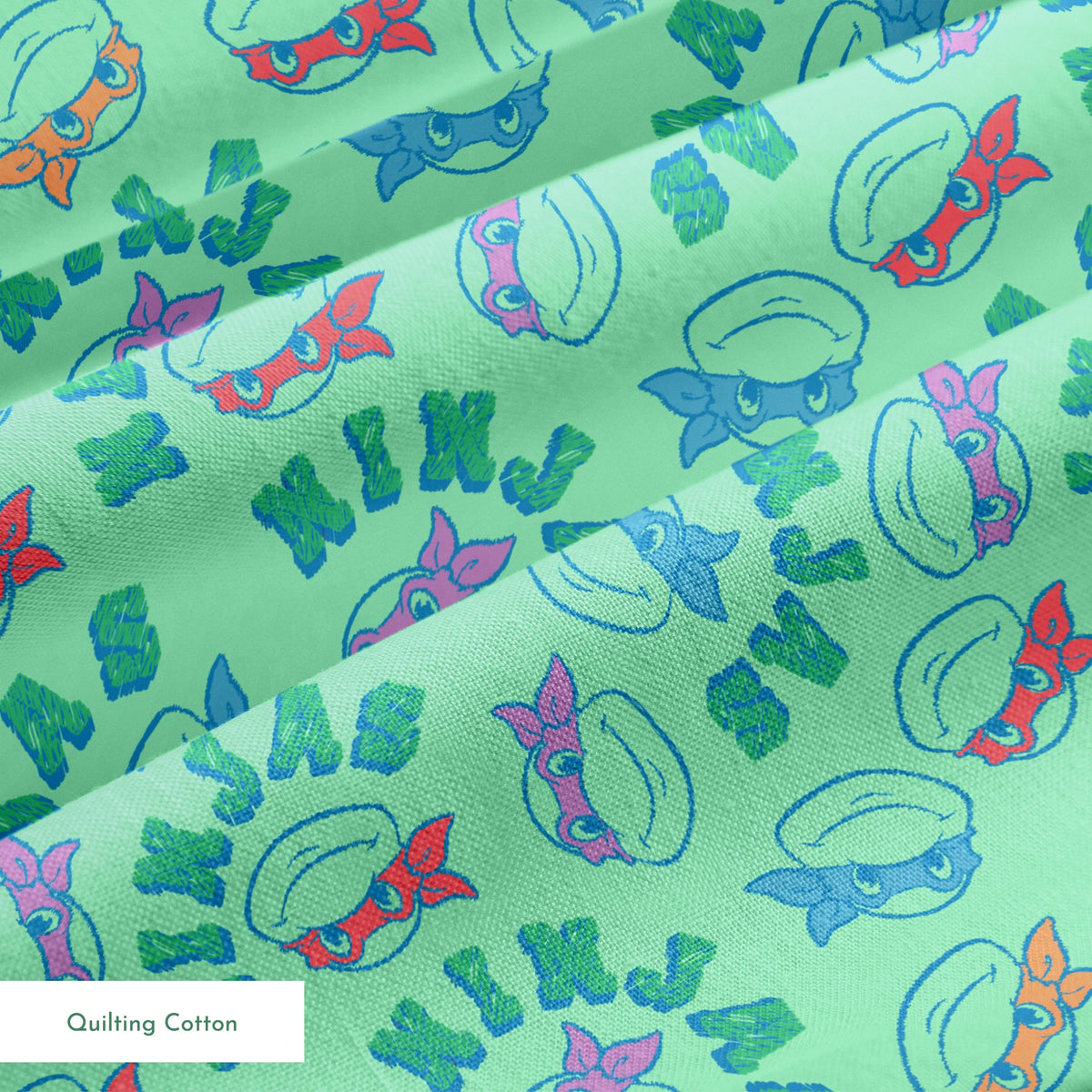 Pattern of Teenage Mutant Ninja Turtles with colored masks in blue, red, and purple on mint green background springs quiltingcotton texture