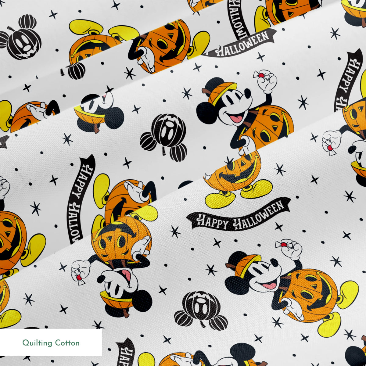 Mickey Mouse Halloween pattern dressed as pumpkins on white background with stars and "Happy Halloween" text springs quiltingcotton texture