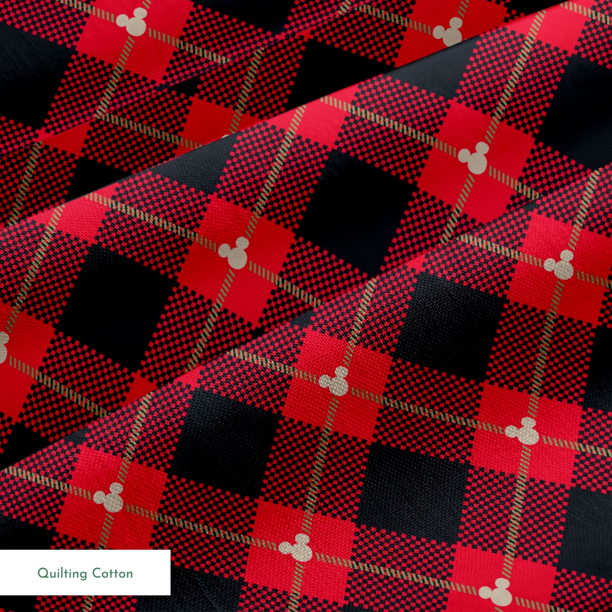 Red and black plaid pattern with diagonal gold stripes and small Mickey Mouse silhouettes springs quiltingcotton texture