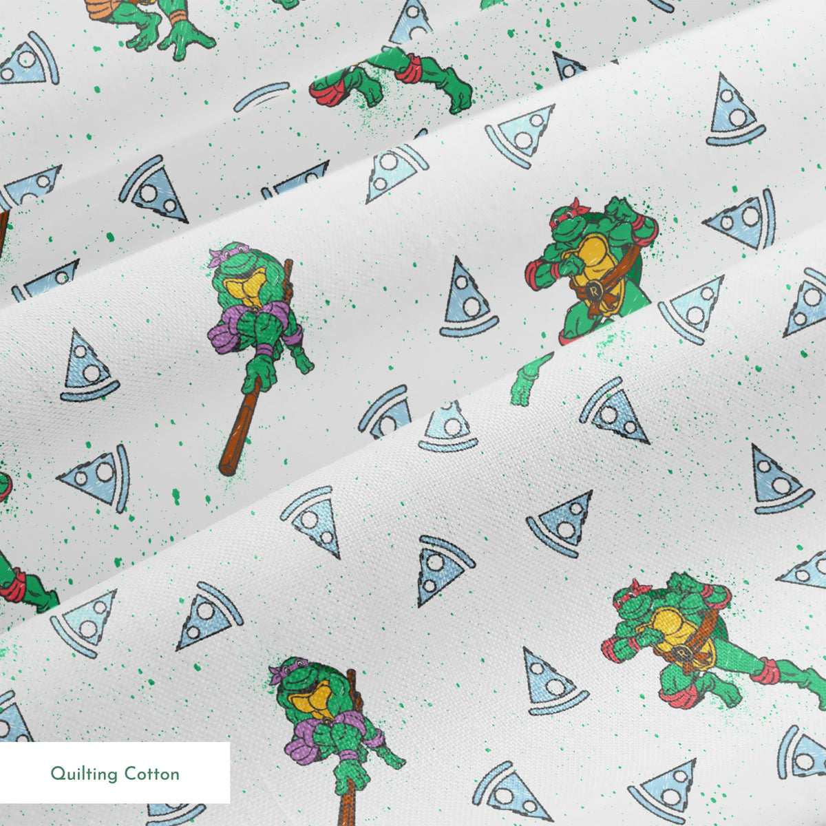 Teenage Mutant Ninja Turtles in action poses scattered among pizza slices on white speckled background springs quiltingcotton texture
