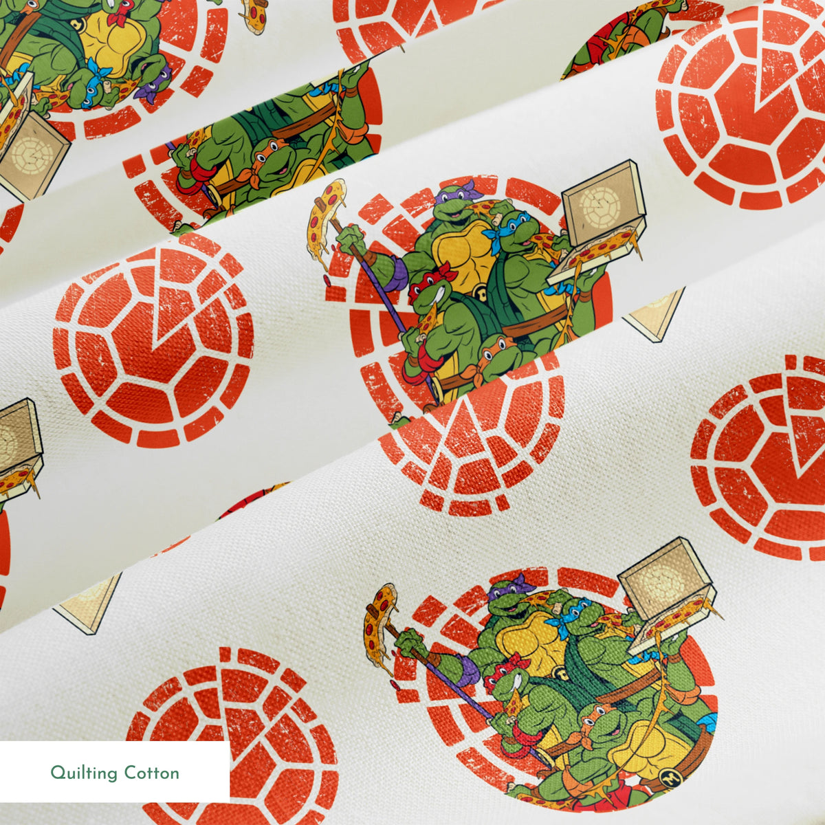 TMNT characters in circular formations on cream background with red shell pattern springs quiltingcotton texture