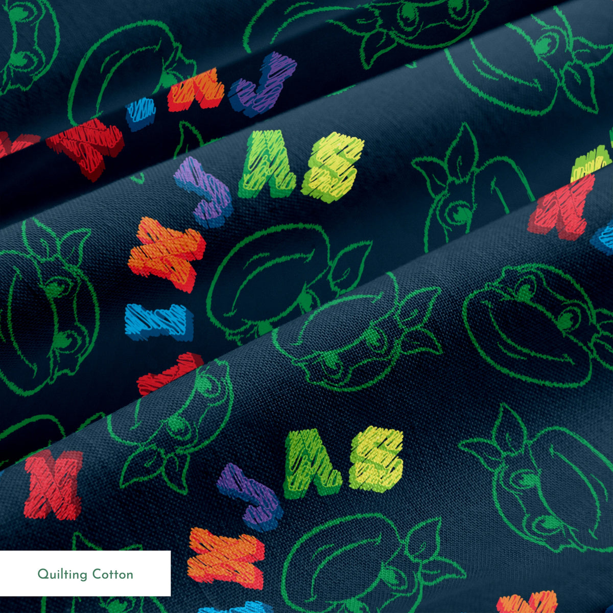 Colorful Ninja Turtles pattern with green outlines on dark blue background springs quiltingcotton texture