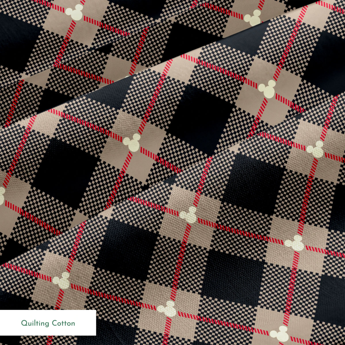Diagonal plaid pattern with navy, beige, red stripes, checkered sections and small white circular details springs quiltingcotton texture