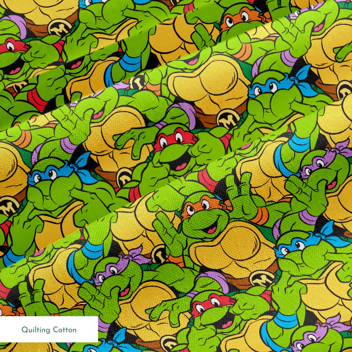 Colorful pattern of cartoon Teenage Mutant Ninja Turtles with green skin and yellow shells springs quiltingcotton texture