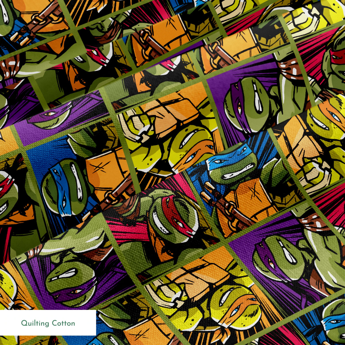 Colorful grid pattern of Teenage Mutant Ninja Turtles characters with various expressions and colored masks springs quiltingcotton texture