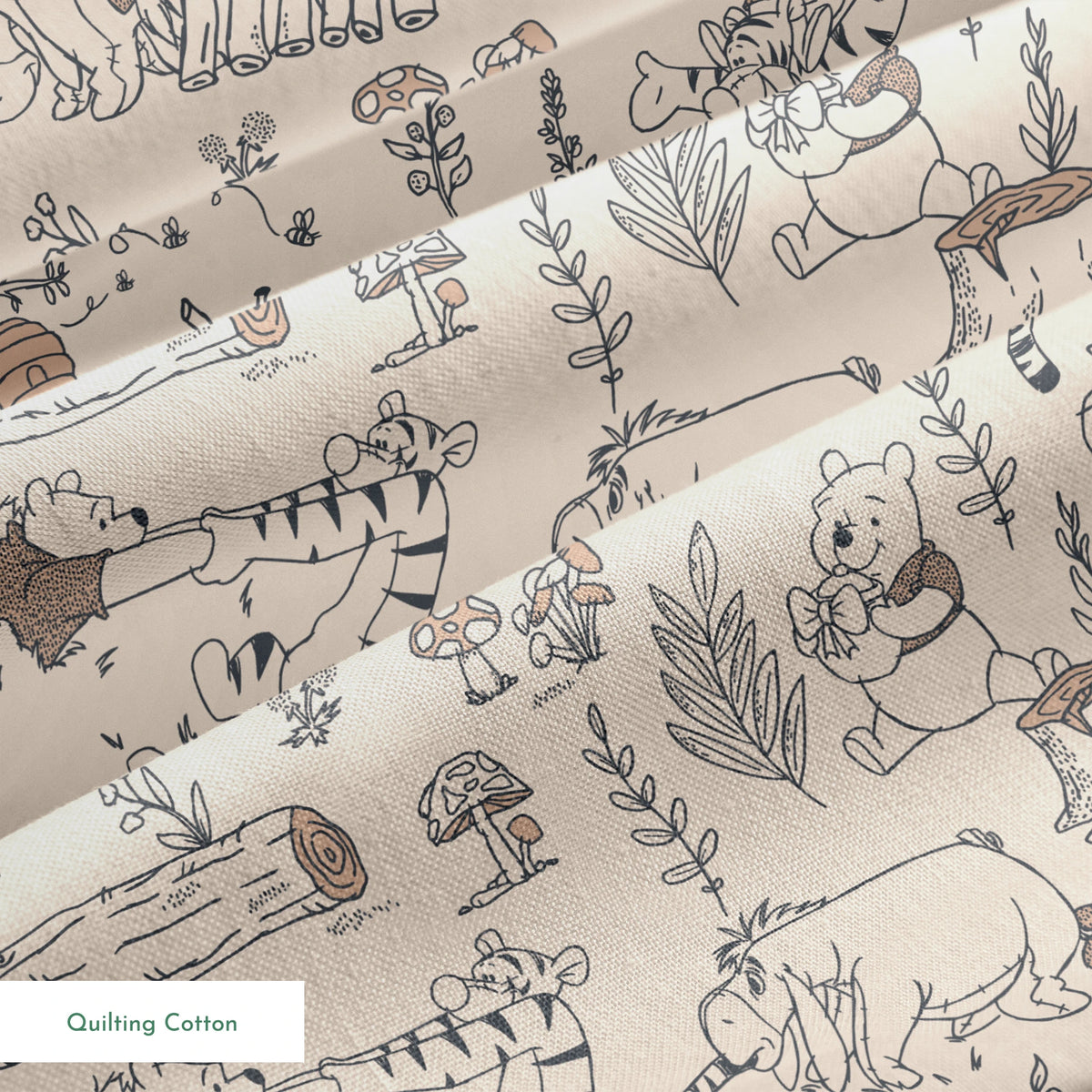 Whimsical illustrated pattern of woodland animals, logs, and plants in black line art on beige background springs quiltingcotton texture
