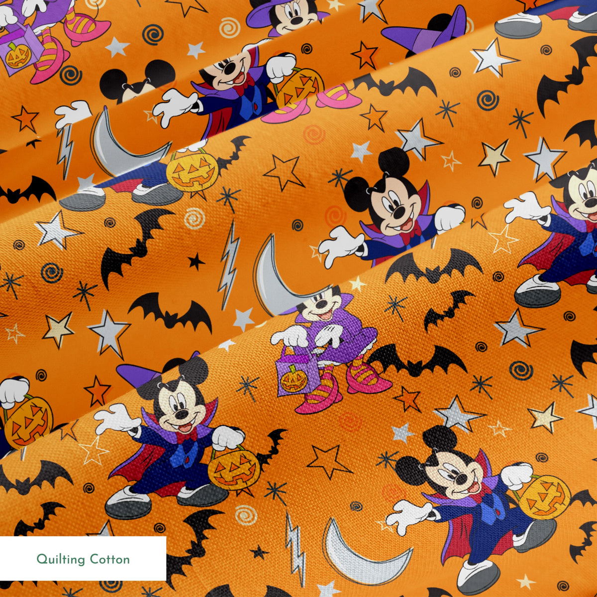 Halloween-themed cartoon pattern with Disney characters in costumes, bats, stars, moons, and ghosts on orange background. springs quiltingcotton texture