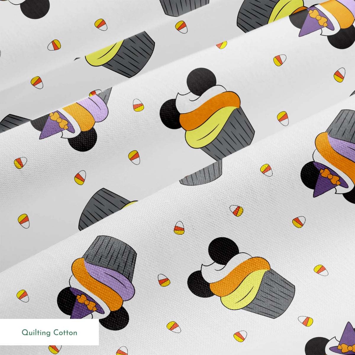 Disney cupcakes with black circular elements and colorful frosting in orange, yellow, and purple on a white background. springs quiltingcotton texture