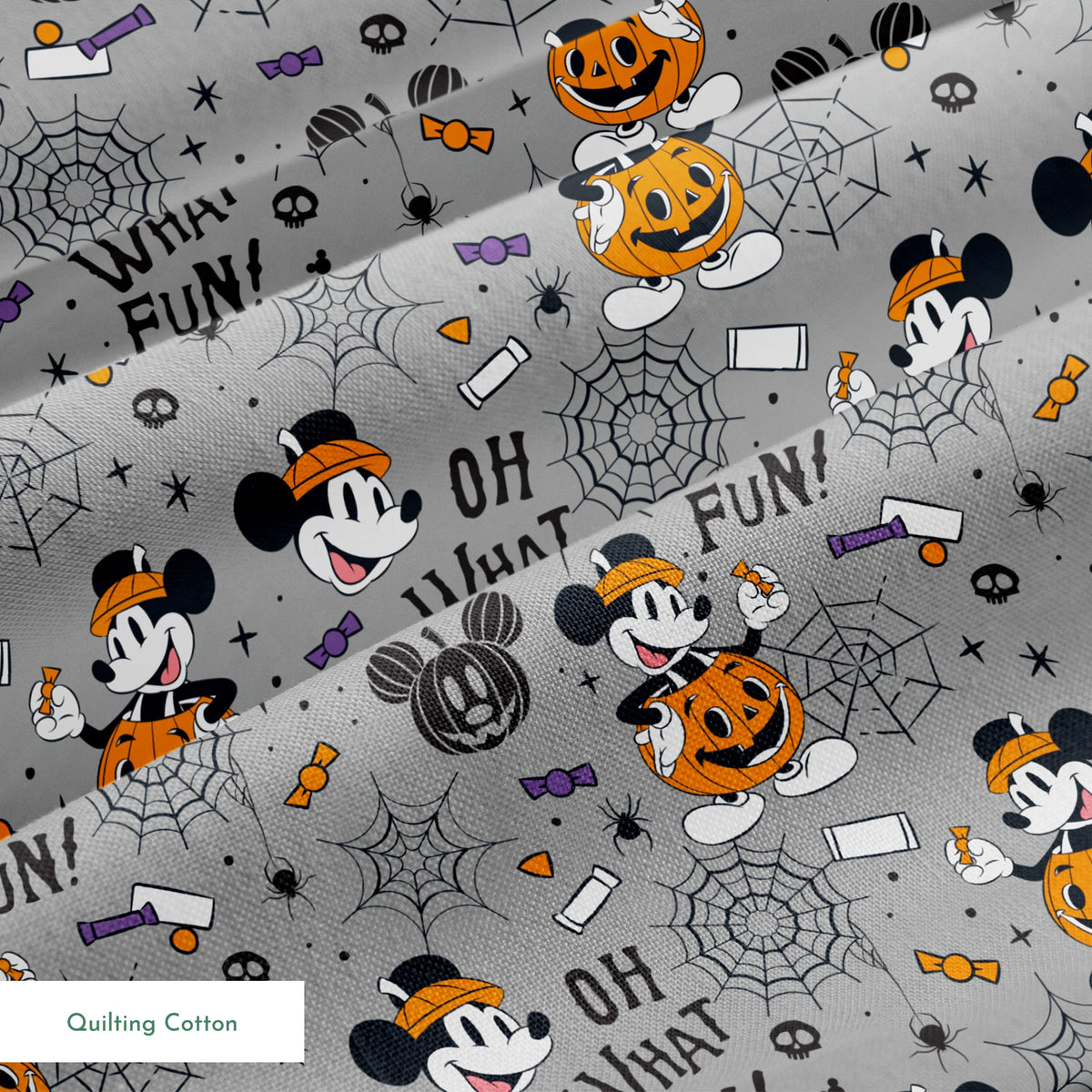Halloween pattern with Mickey Mouse characters, pumpkins, spider webs, and "Oh What Fun!" text on gray background springs quiltingcotton texture