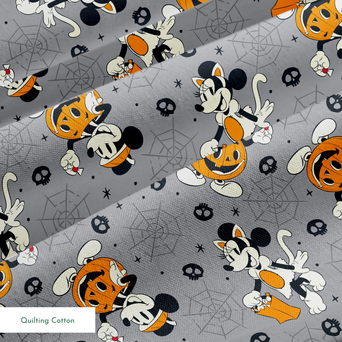 Cartoon dog characters in Halloween costumes with pumpkins on gray background with spider webs and skulls springs quiltingcotton texture