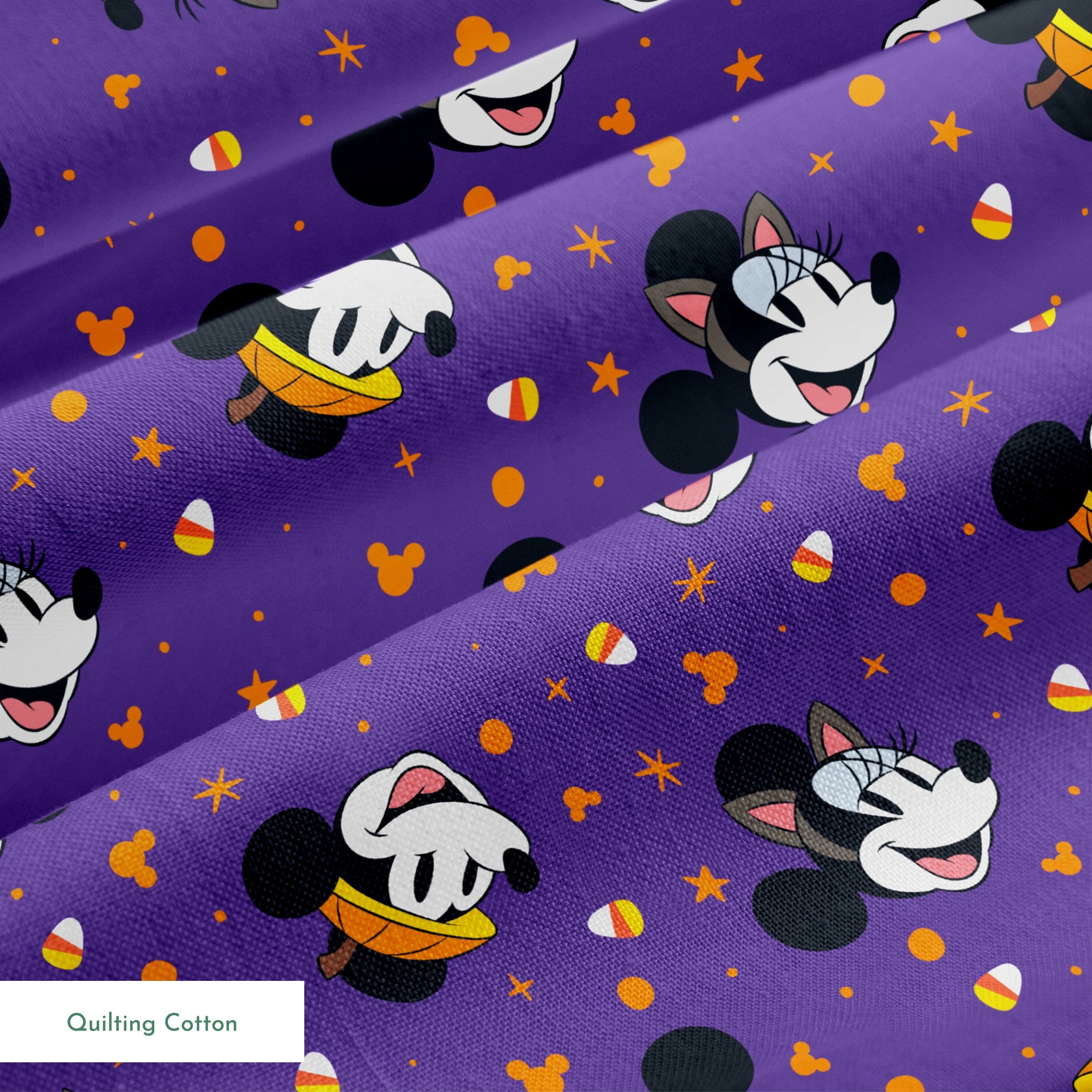 Mickey Mouse Halloween pattern with candy corn and stars on purple background springs quiltingcotton texture