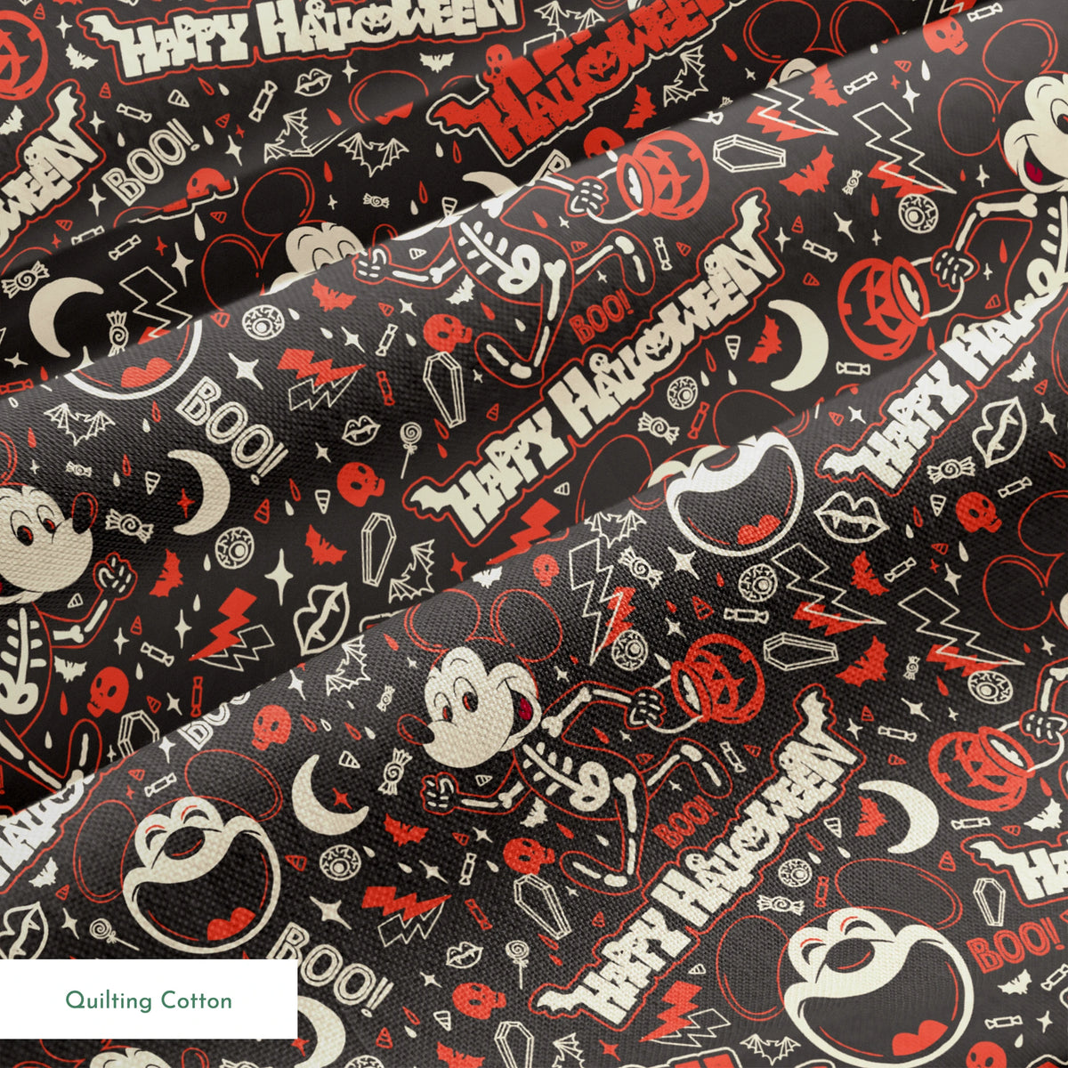 Mickey Mouse Halloween pattern with bats, pumpkins, and "Happy Halloween" text on dark background springs quiltingcotton texture