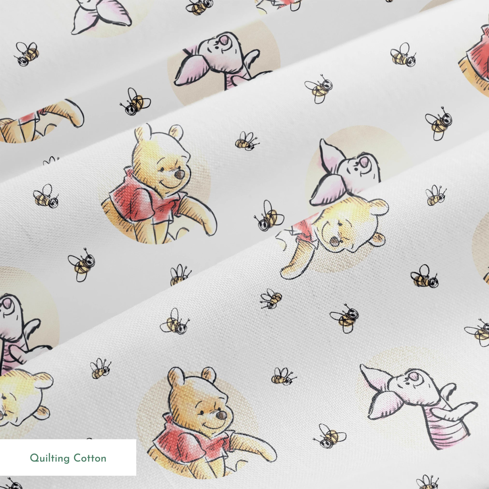 Cute cartoon Winnie the Pooh and Piglet pattern with circular vignettes and buzzing bees springs quiltingcotton texture