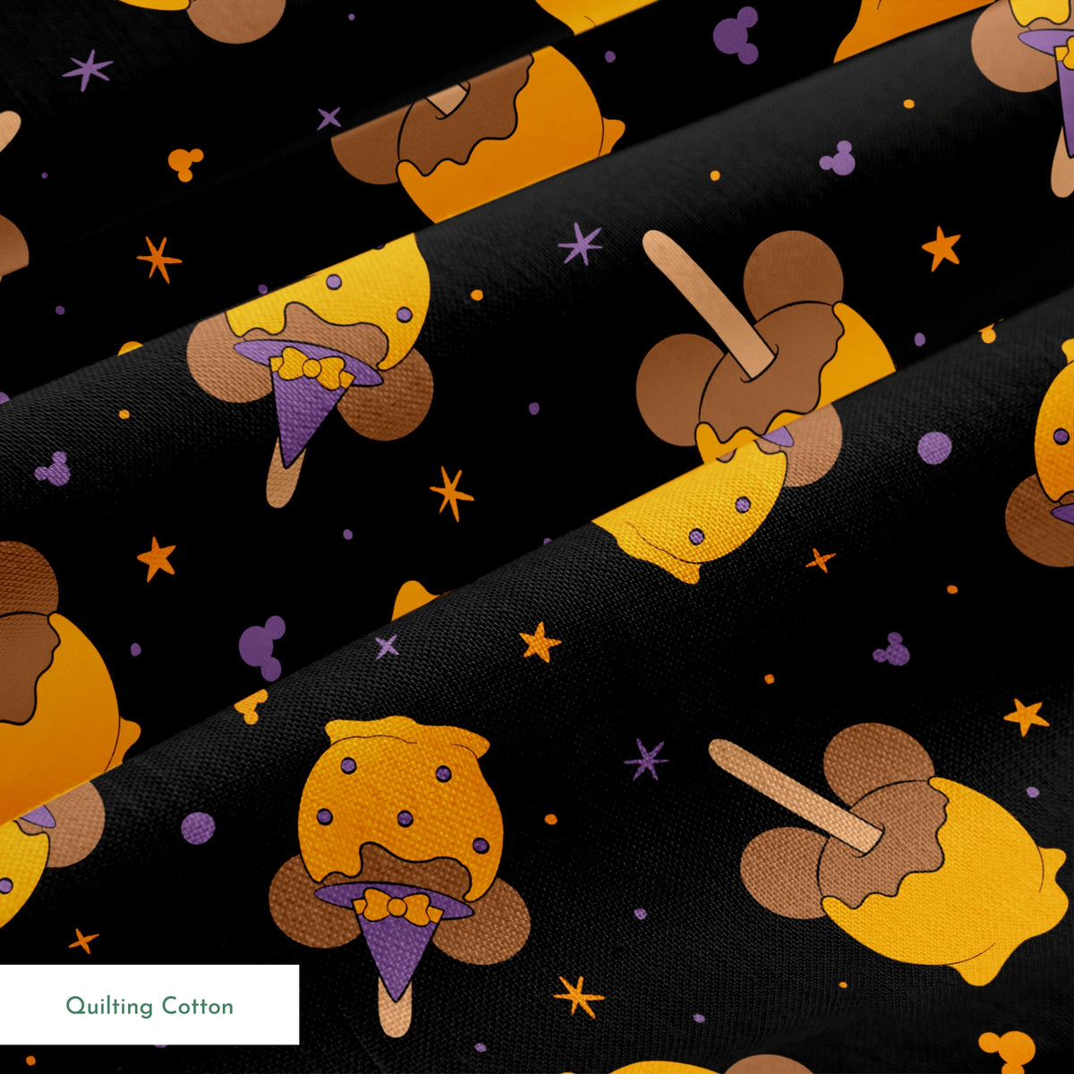 Disney-inspired caramel apples and candy apples floating in a space-like black background with purple stars. springs quiltingcotton texture