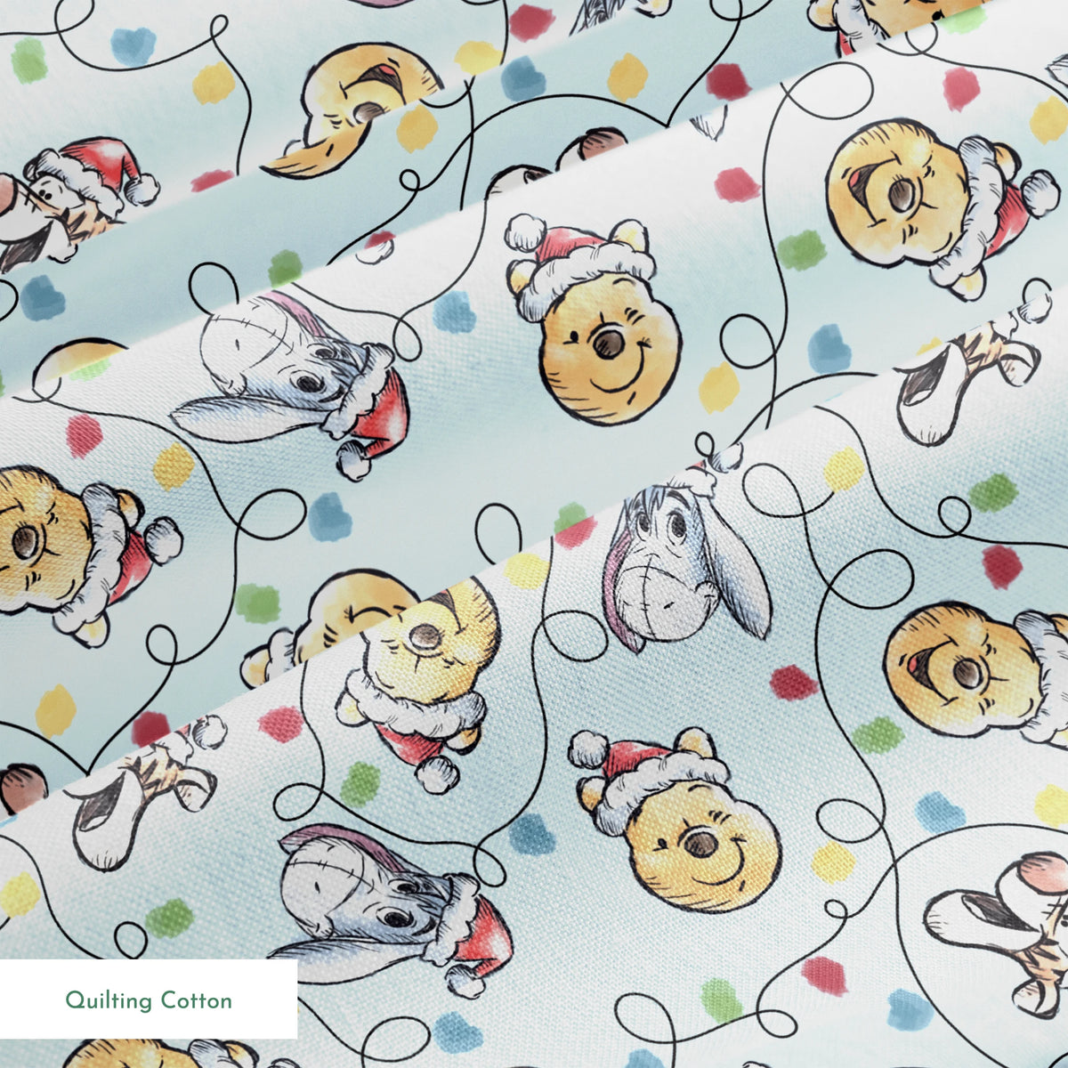 Winnie the Pooh Christmas pattern with Pooh bear, Eeyore, and Tigger in Santa hats on blue background springs quiltingcotton texture