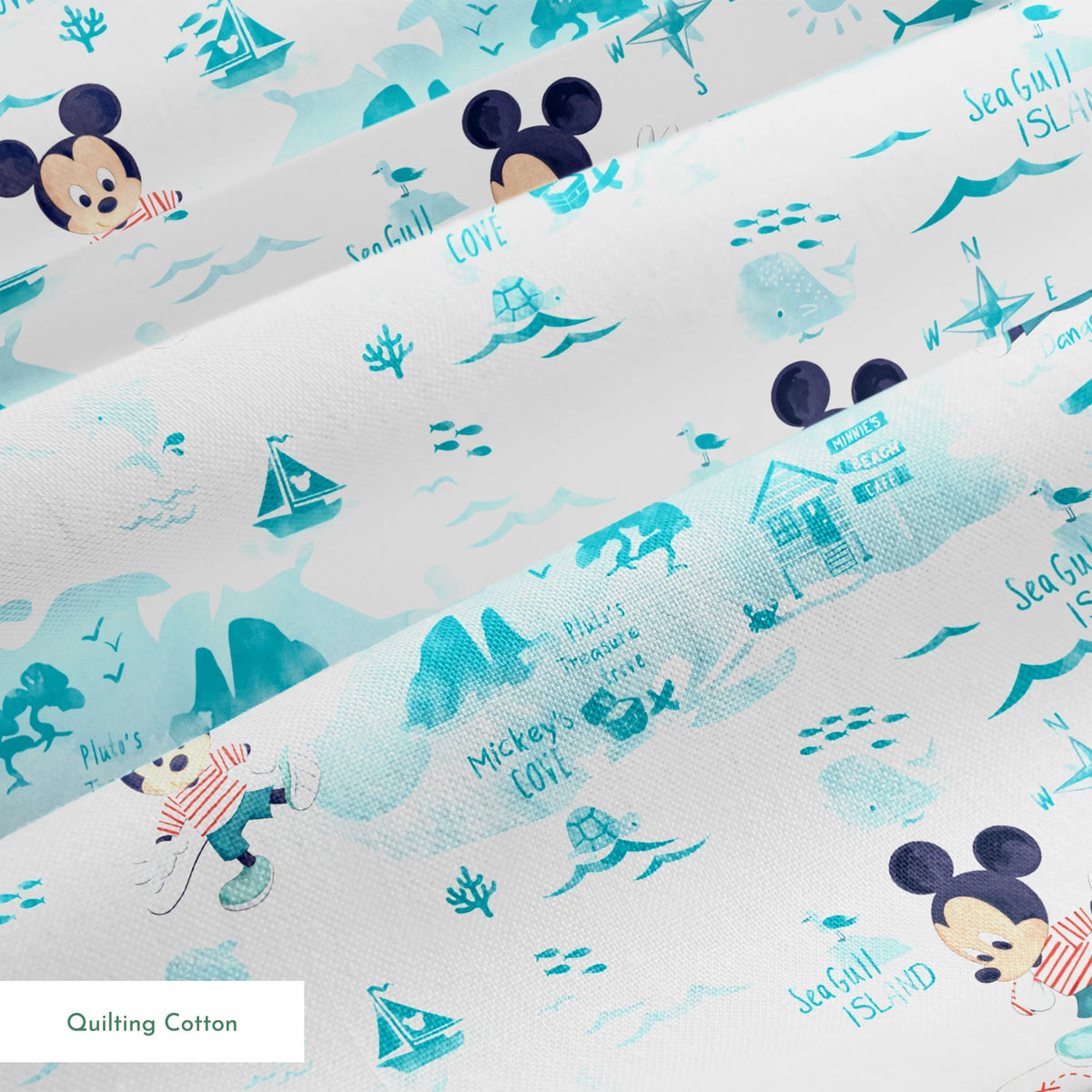 Cartoon Mickey Mouse pattern with turquoise ocean elements, sharks, waves, and "Safari" text springs quiltingcotton texture