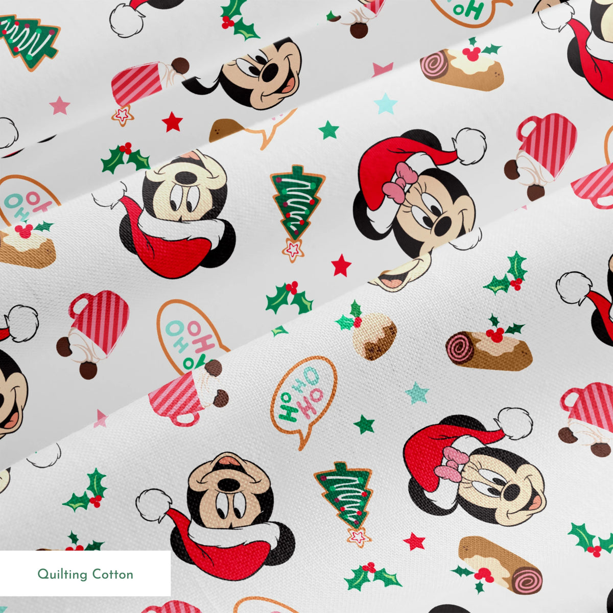 Mickey Mouse Christmas pattern with Santa hats, holly, speech bubbles, and festive decorations on white background springs quiltingcotton texture