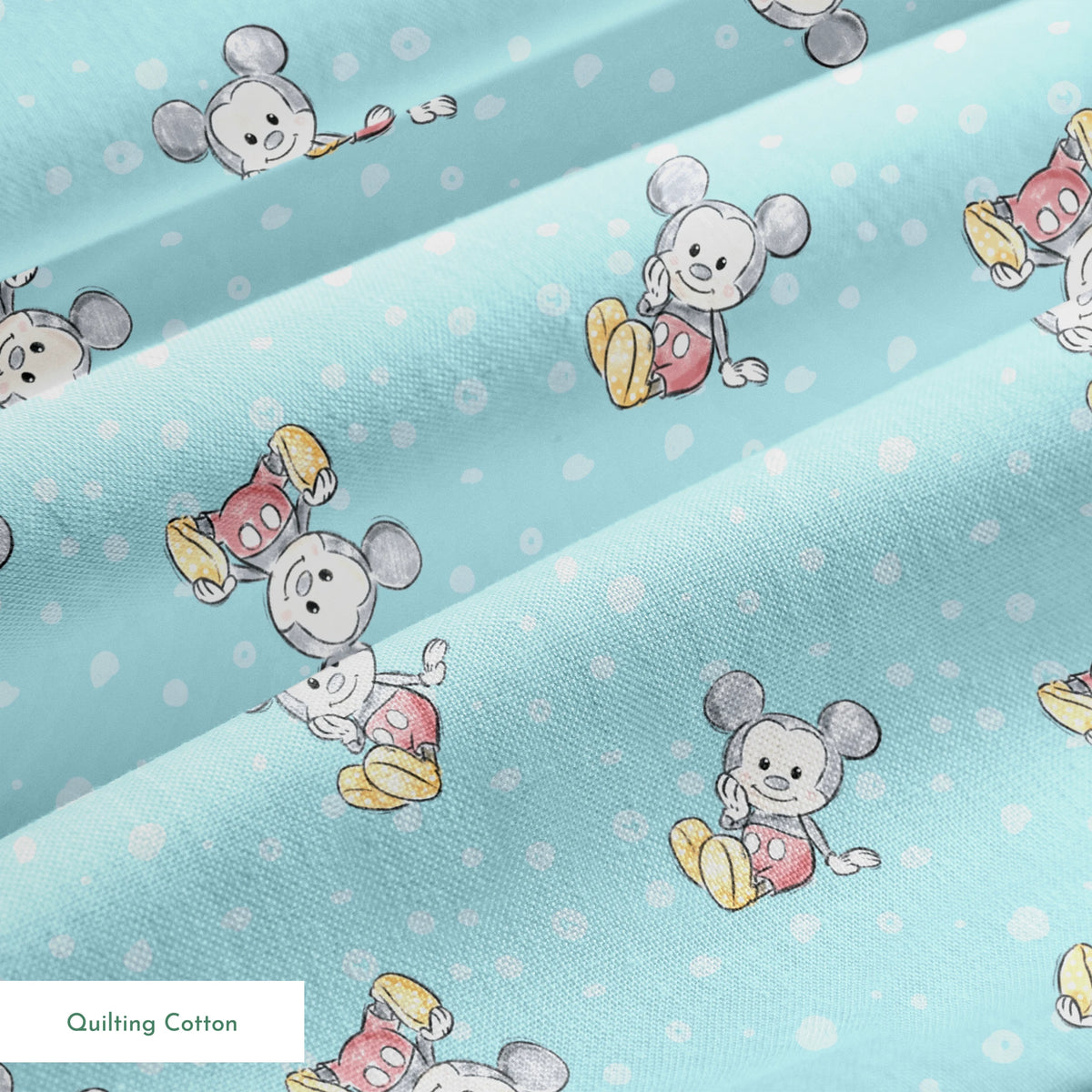 Cute cartoon mouse pattern with gray mice wearing colorful outfits on light blue polka dot background springs quiltingcotton texture