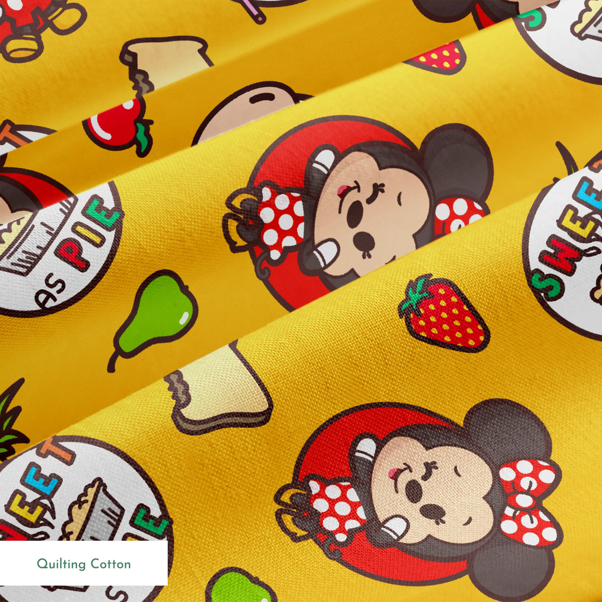 Mickey & Minnie Mouse with round badges on yellow background with fruit icons and toast patterns springs quiltingcotton texture