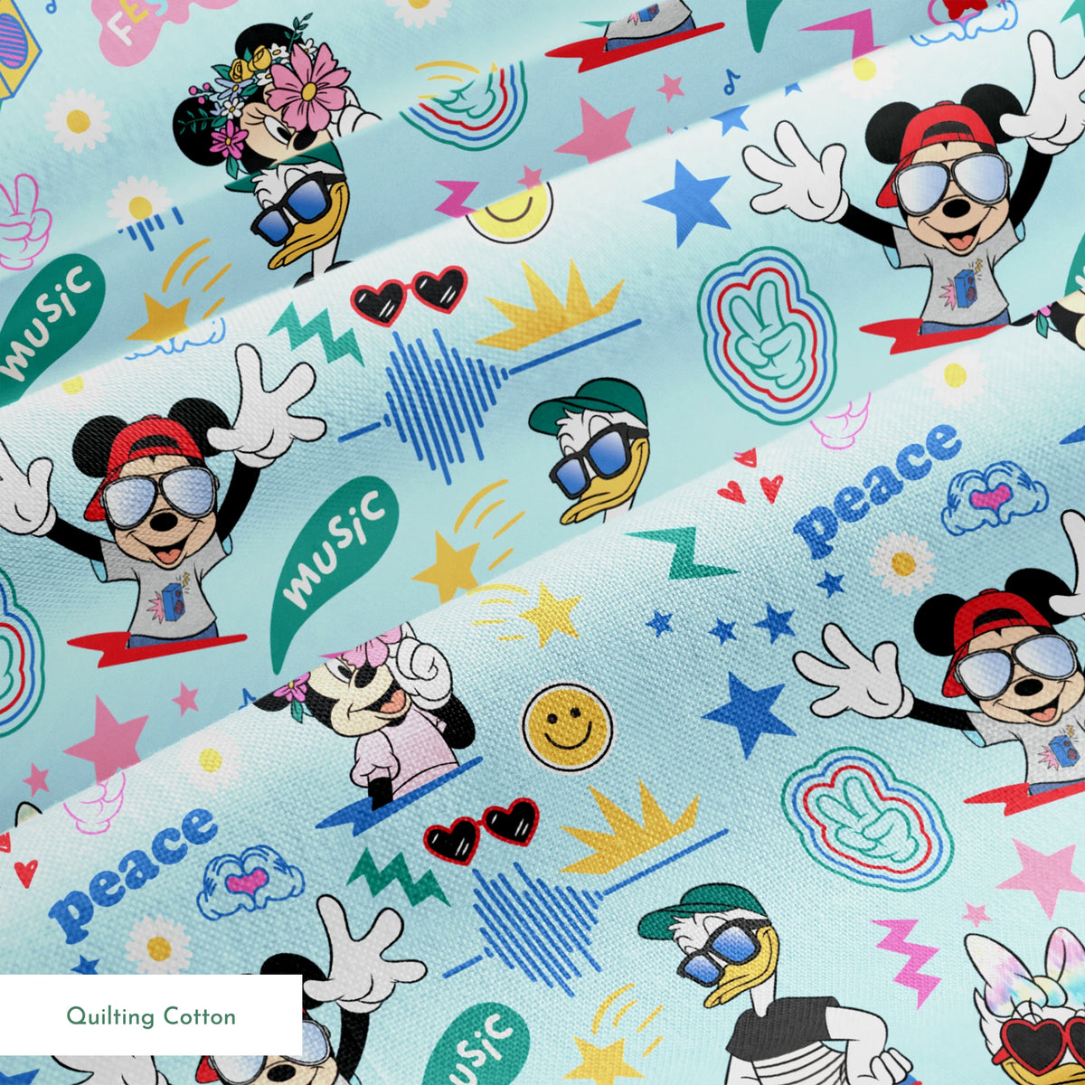 Colorful cartoon pattern with Disney characters, peace signs, stars, and music motifs on light blue background. springs quiltingcotton texture