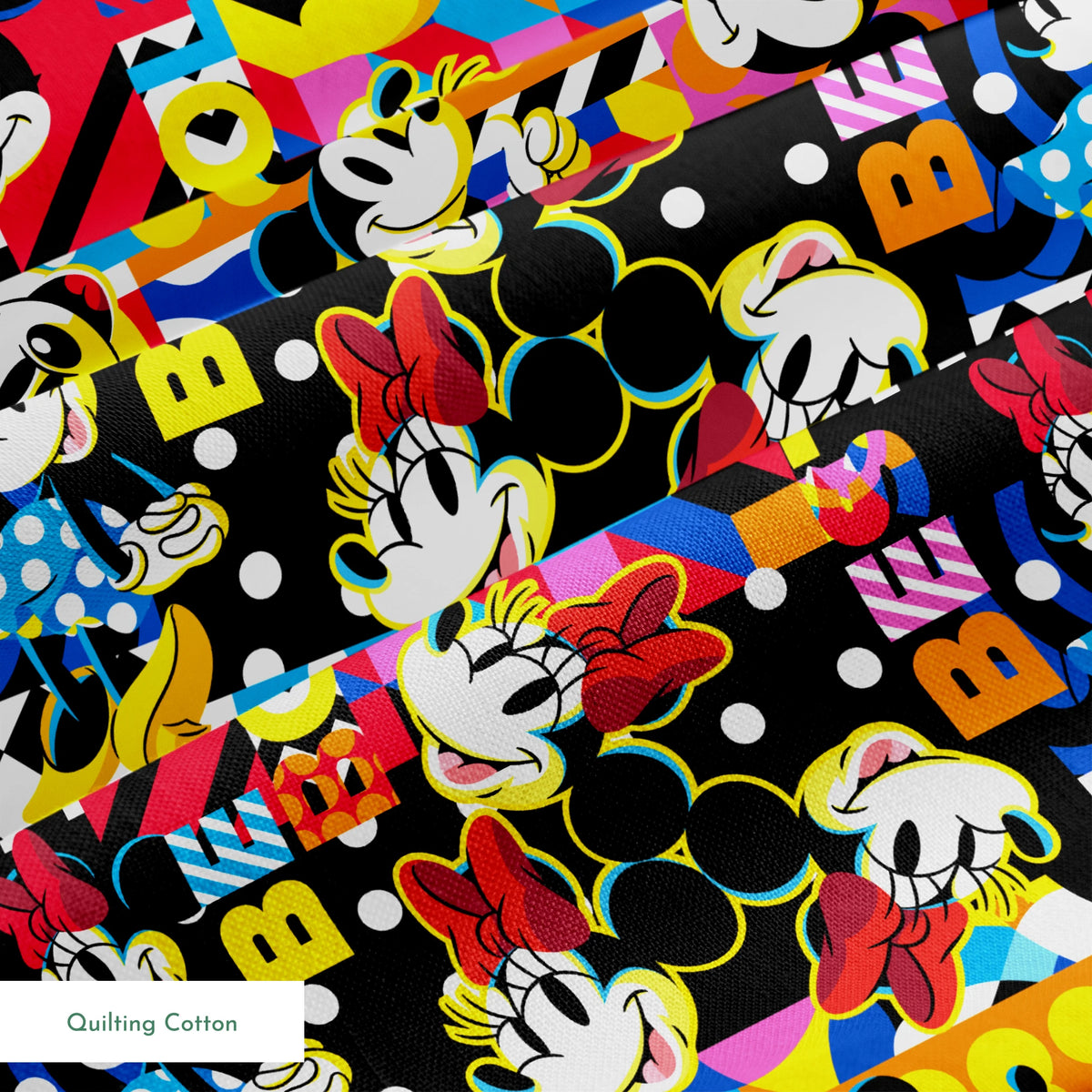 Vibrant pop art collage of Mickey Mouse in various poses against colorful geometric patterns and backgrounds springs quiltingcotton texture