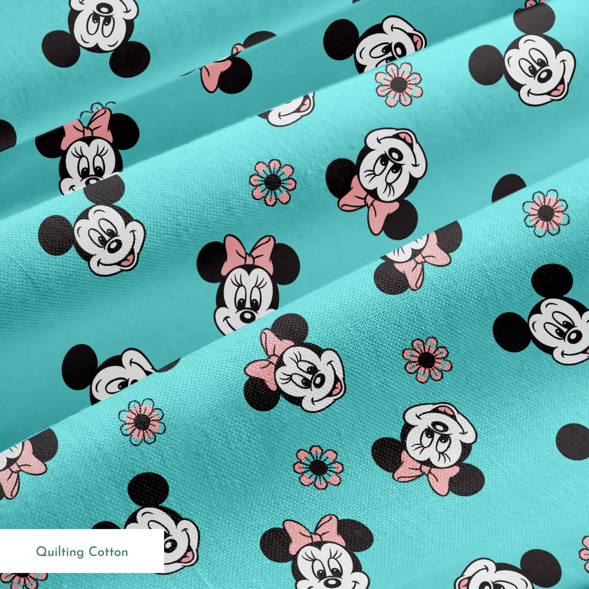 Mickey and Minnie Mouse cartoon faces scattered on turquoise background with small flowers springs quiltingcotton texture