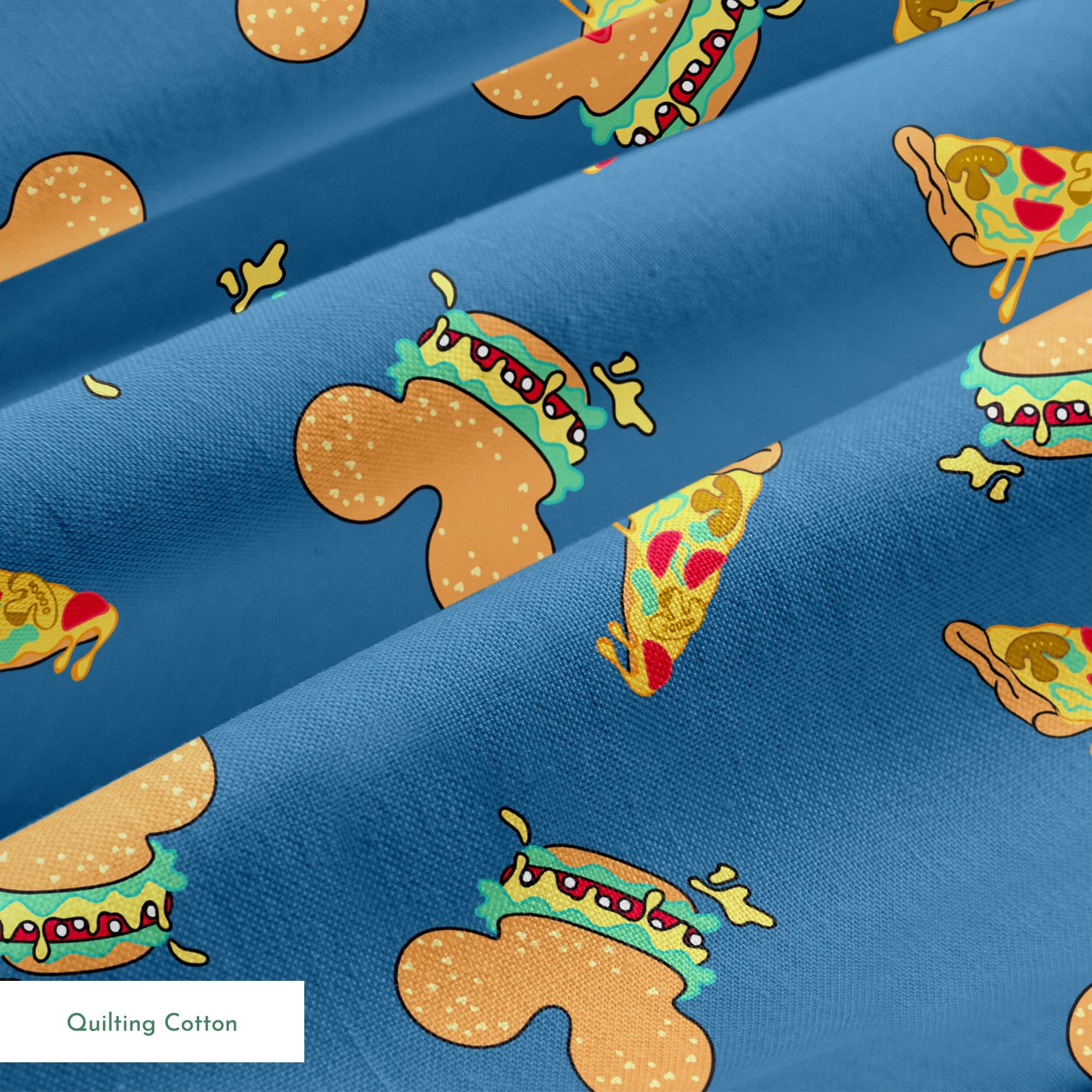 Pattern of Disney-inspired food items - hot dogs and pizza slices on blue background springs quiltingcotton texture