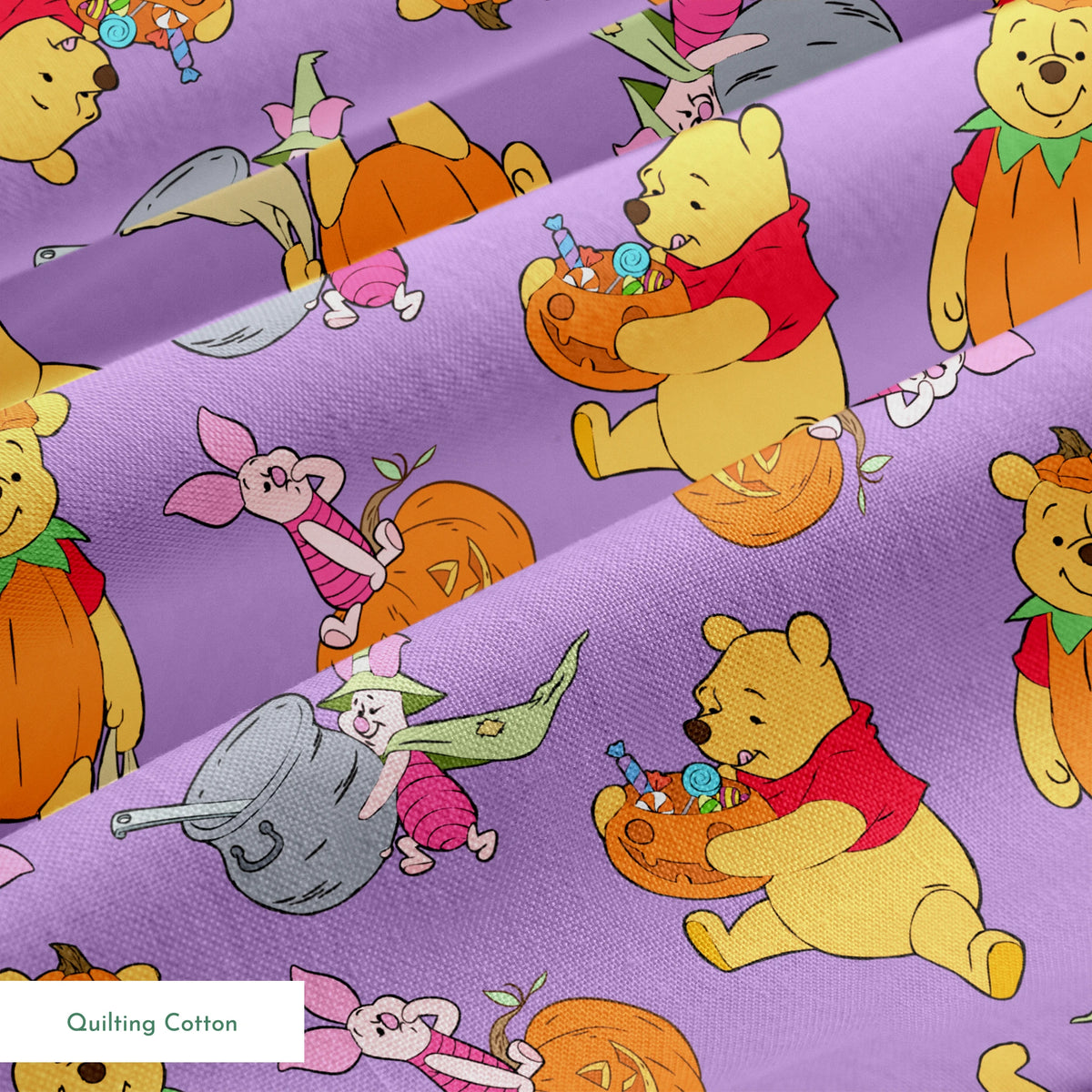 Whimsical Winnie the Pooh pattern with Piglet and Eeyore on purple background with pumpkins springs quiltingcotton texture