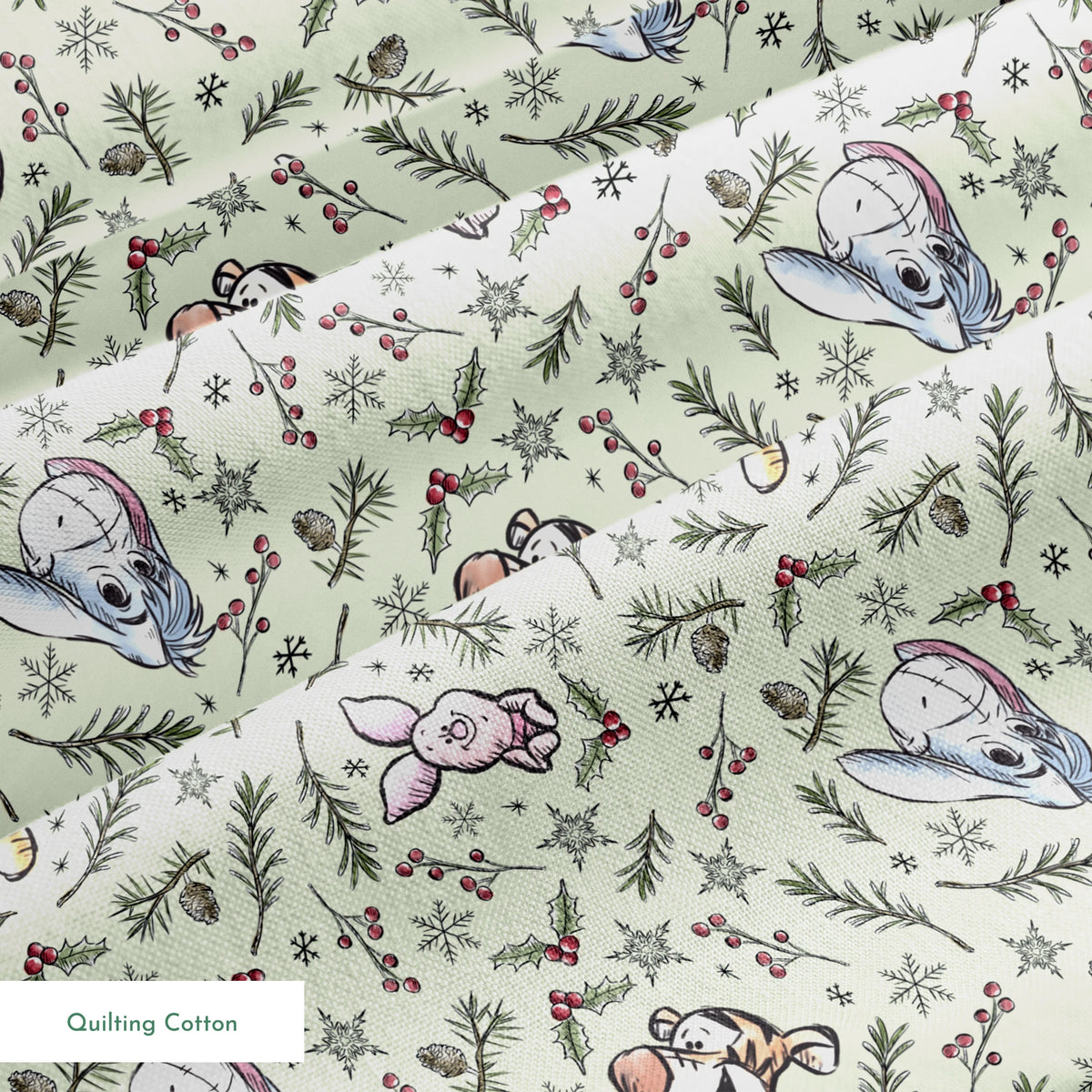 Whimsical holiday pattern with cartoon animals, pine branches, berries, and snowflakes on mint green springs quiltingcotton texture