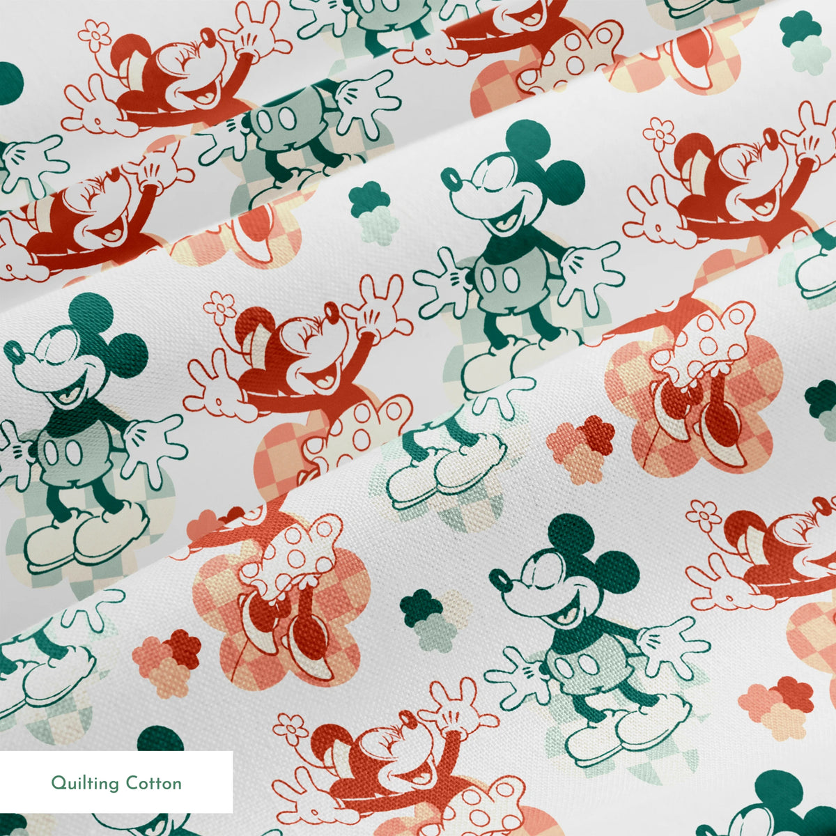 Repeating pattern of vintage-style cartoon characters in green and red-orange tones on white background springs quiltingcotton texture