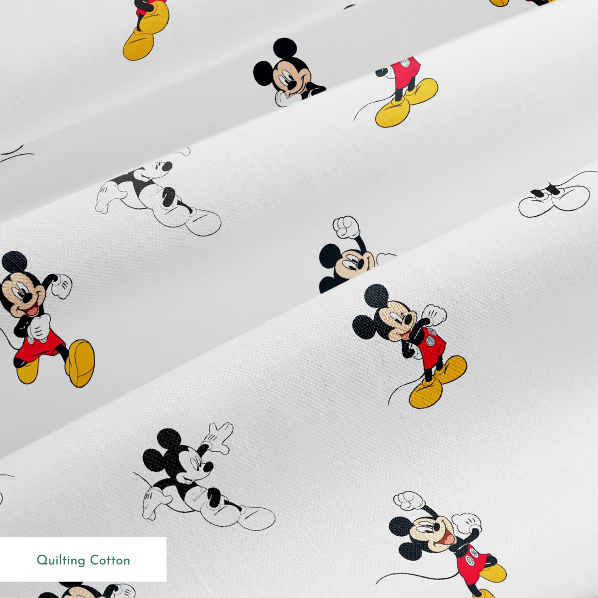 Repeating pattern of Mickey Mouse cartoon characters in various poses on white background springs quiltingcotton texture
