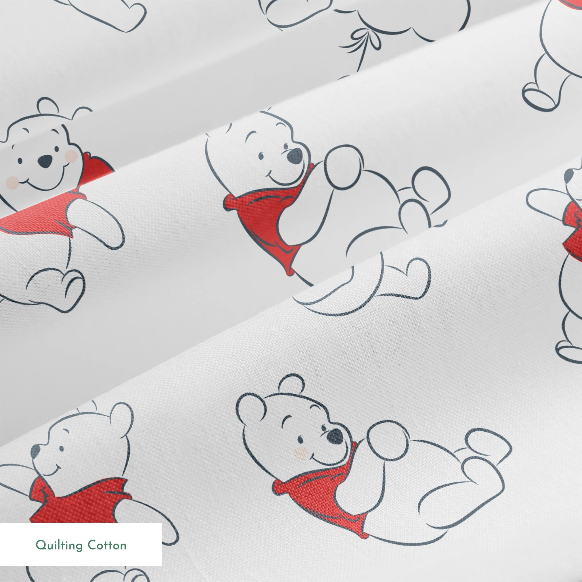 Illustration pattern of Winnie the Pooh in different poses wearing a red shirt on white background springs quiltingcotton texture