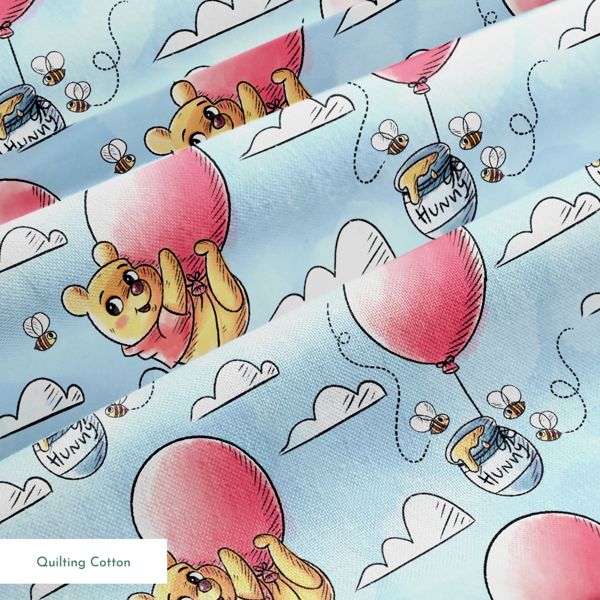 Cute yellow bear characters floating with pink balloons and honey pots against a blue sky with cl... springs quiltingcotton texture