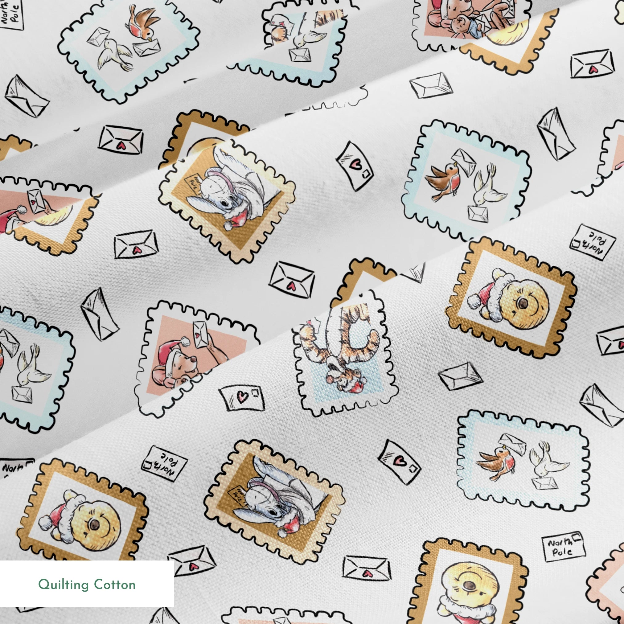 Vintage-style postage stamps with fairy tale illustrations on a light gray background with envelo... springs quiltingcotton texture