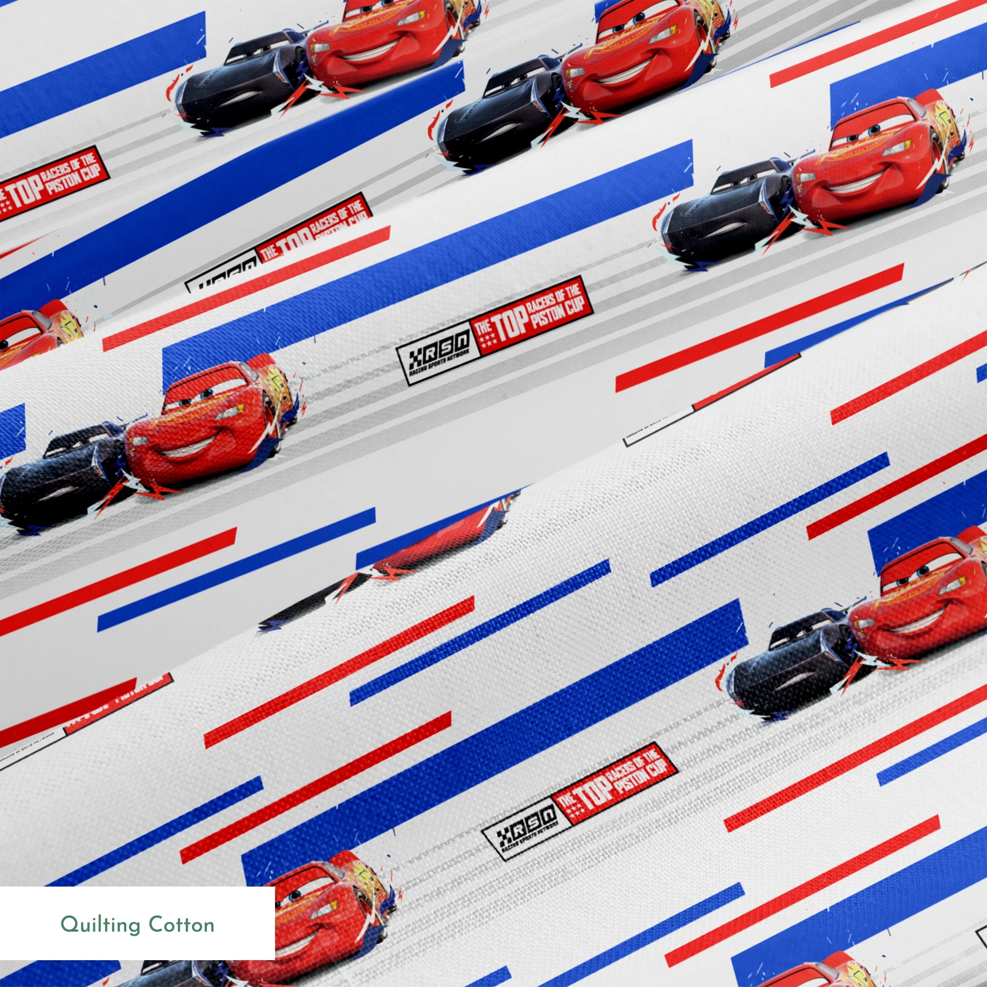 Red and black race cars from Disney Pixar's Cars movie on striped blue, white, and red background with XSpeed logo springs quiltingcotton texture