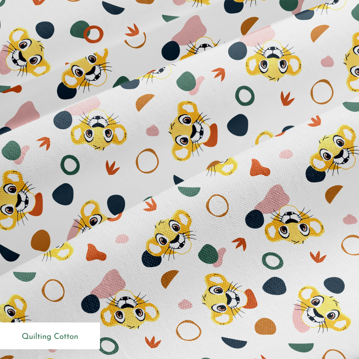 Cute Lion King characters with colorful abstract shapes in pink, teal, brown, and navy on white springs quiltingcotton texture